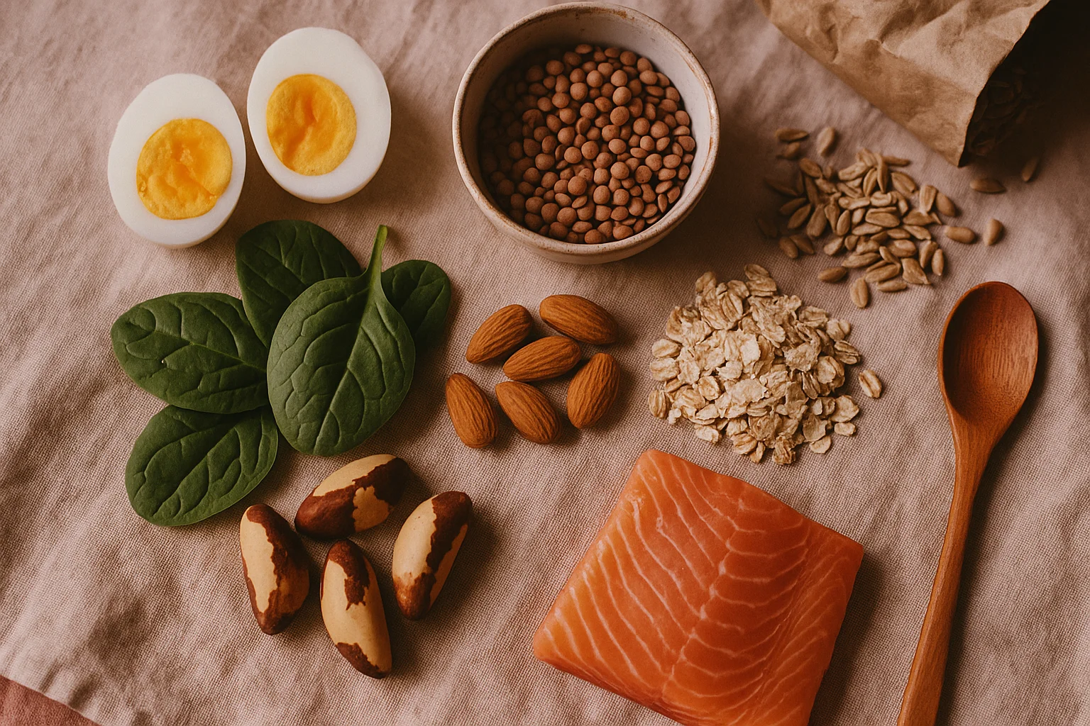 Alimentos ricos em ferro: espinafre, lentilha, ovos e castanhas