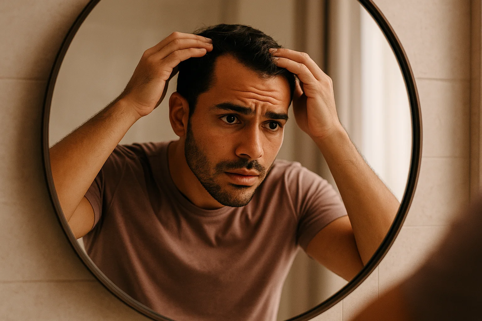 Homem observando a linha do cabelo e as entradas no espelho do banheiro