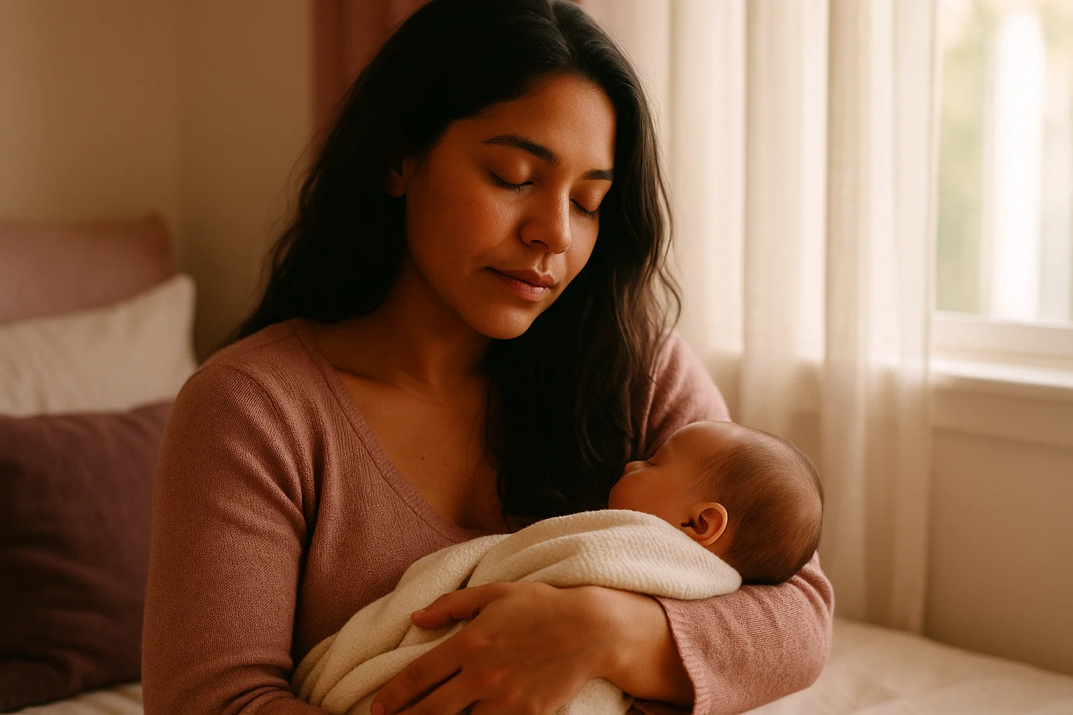 Mãe com o bebê no colo — a queda pós-parto é comum e temporária