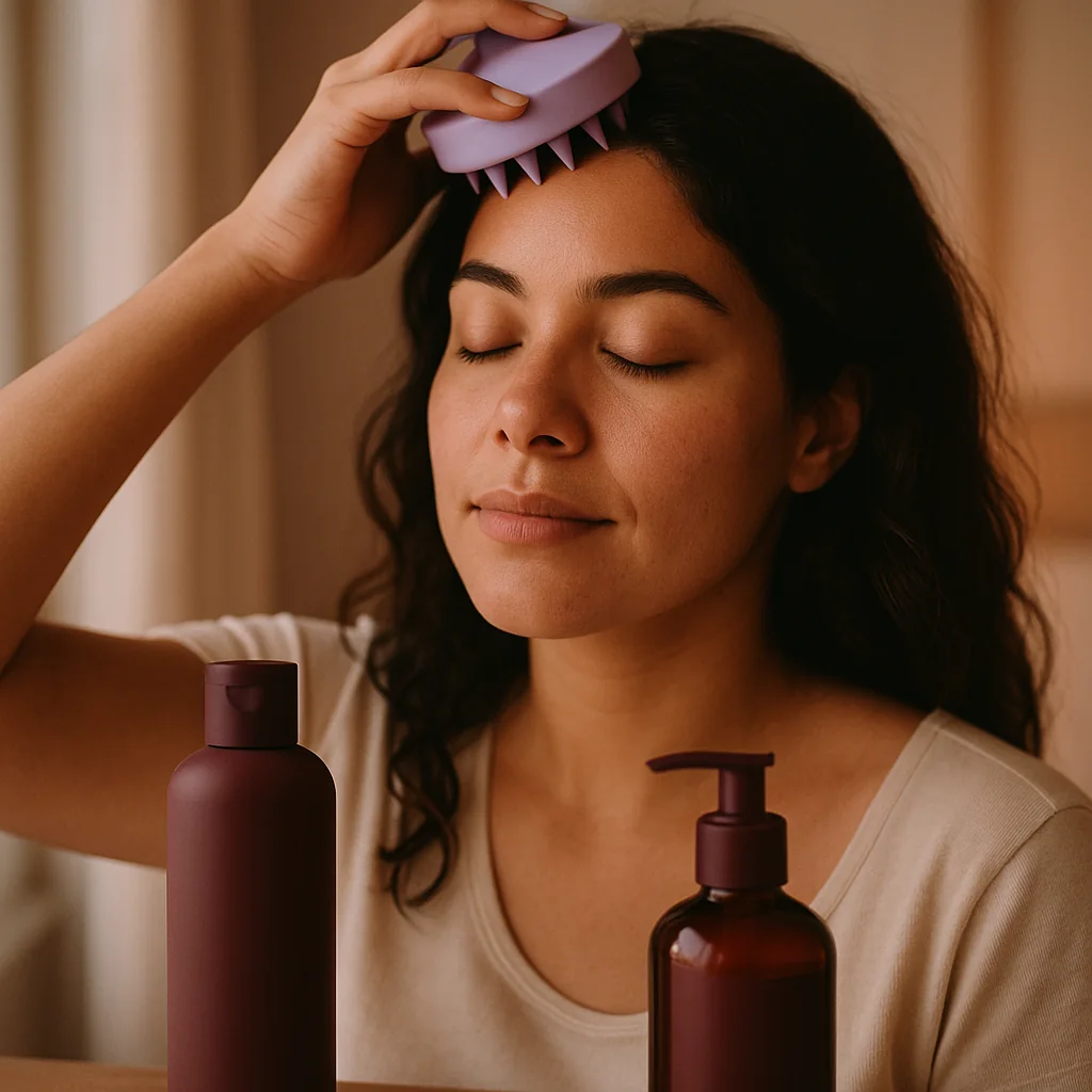 Mulher relaxando com o massageador de silicone no couro cabeludo