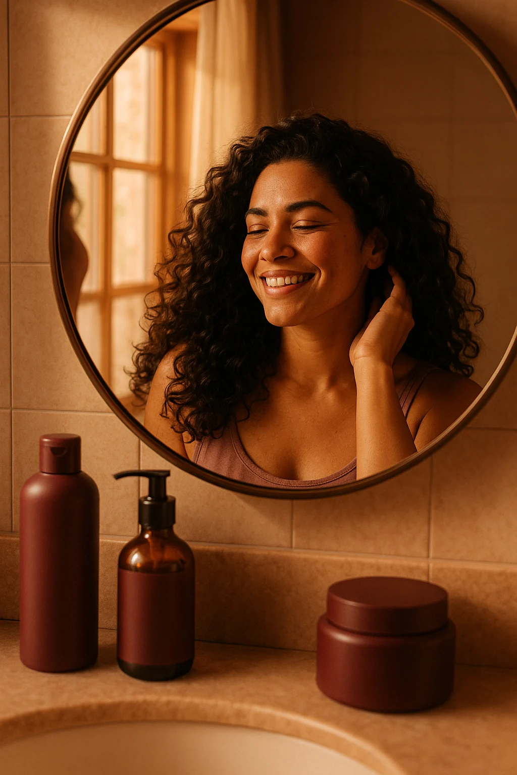Mulher sorrindo para o próprio reflexo no espelho, com o cabelo saudável