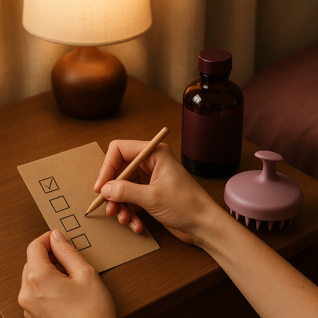 Marcando o checklist da rotina ao lado do tônico e do massageador, no ritual da noite